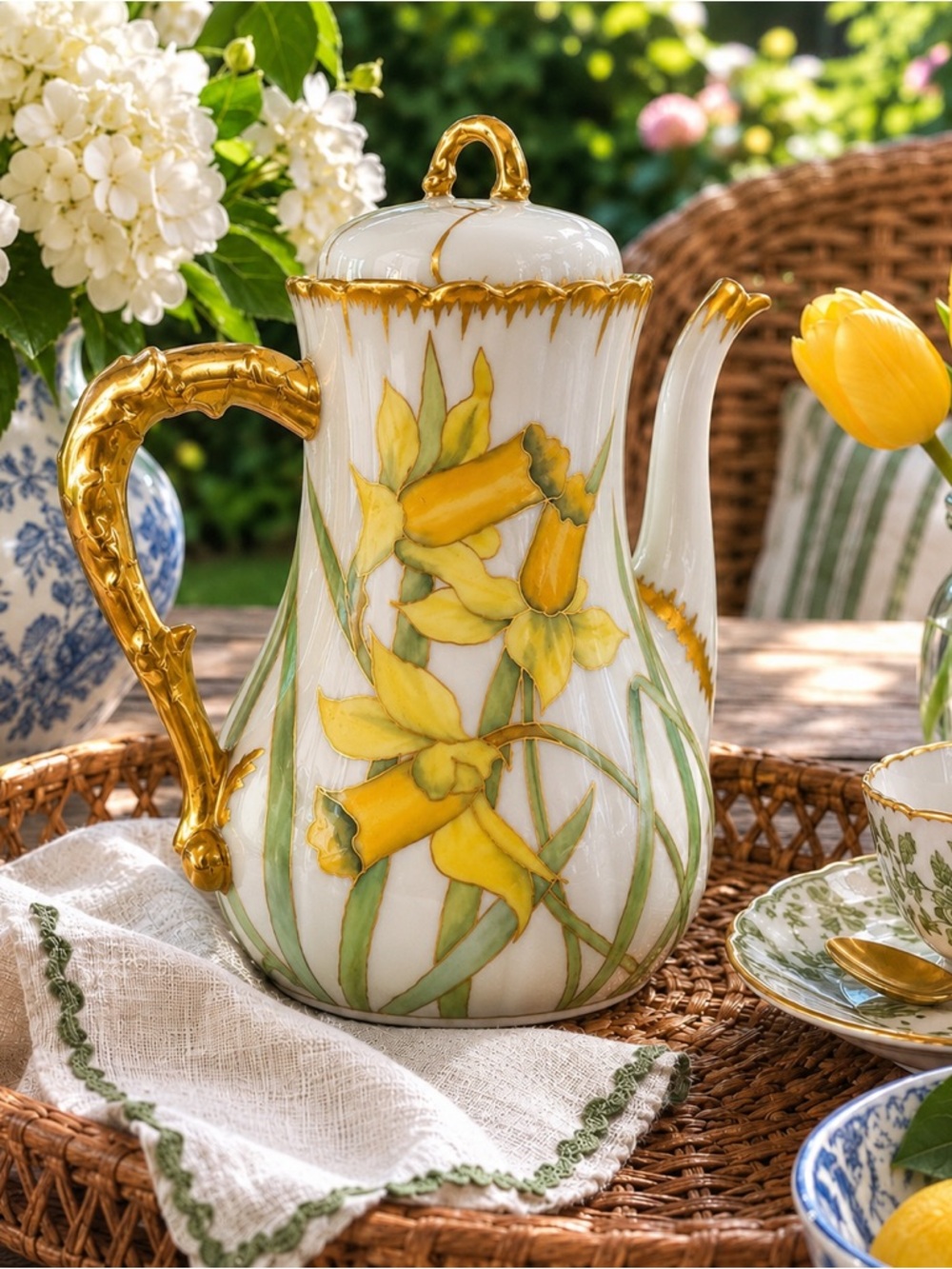 Pristine Antique CFH GDM Limoges Hand Painted Coffee Pot Daffodils c.1882-1890